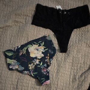 Lot of 2 SOMA Black Lace and Floral Thongs